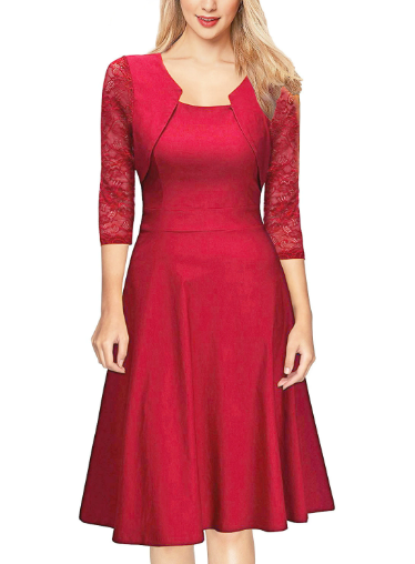 Scarlet Allure Lace-Sleeve Cocktail Dress