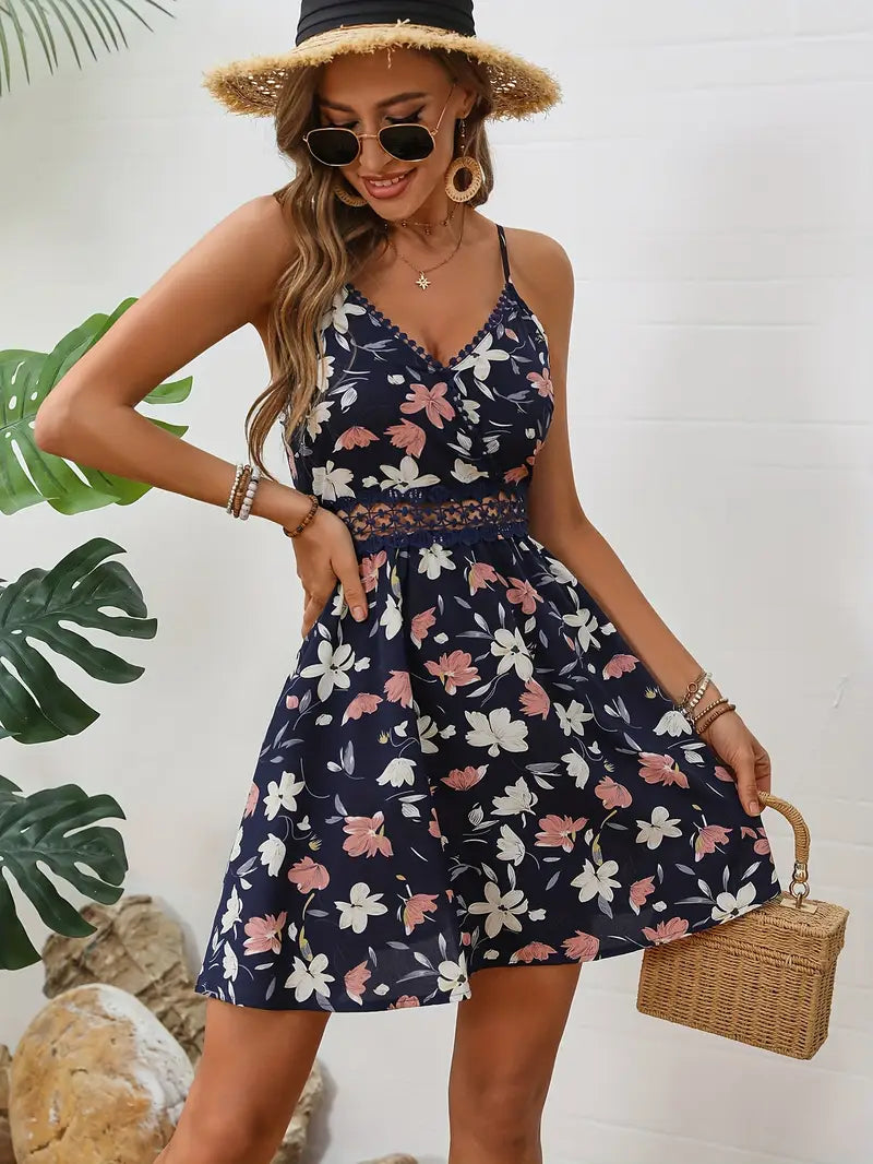 Seaside Bloom Lace-Waist Mini Dress