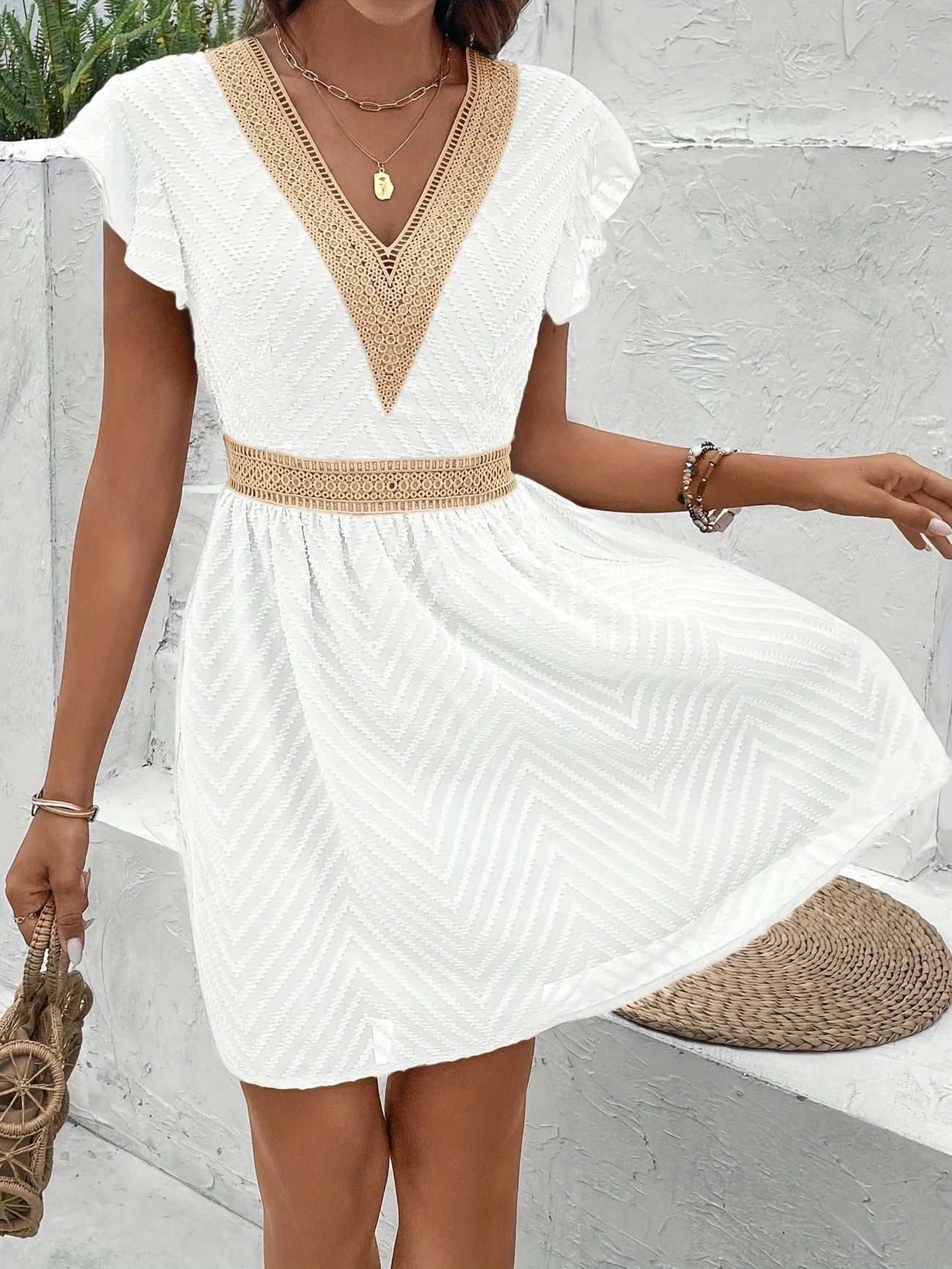 Seaside Grace Crochet-Trim Mini Dress