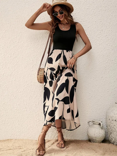 Seaside Whimsy Leaf-Print Midi Dress