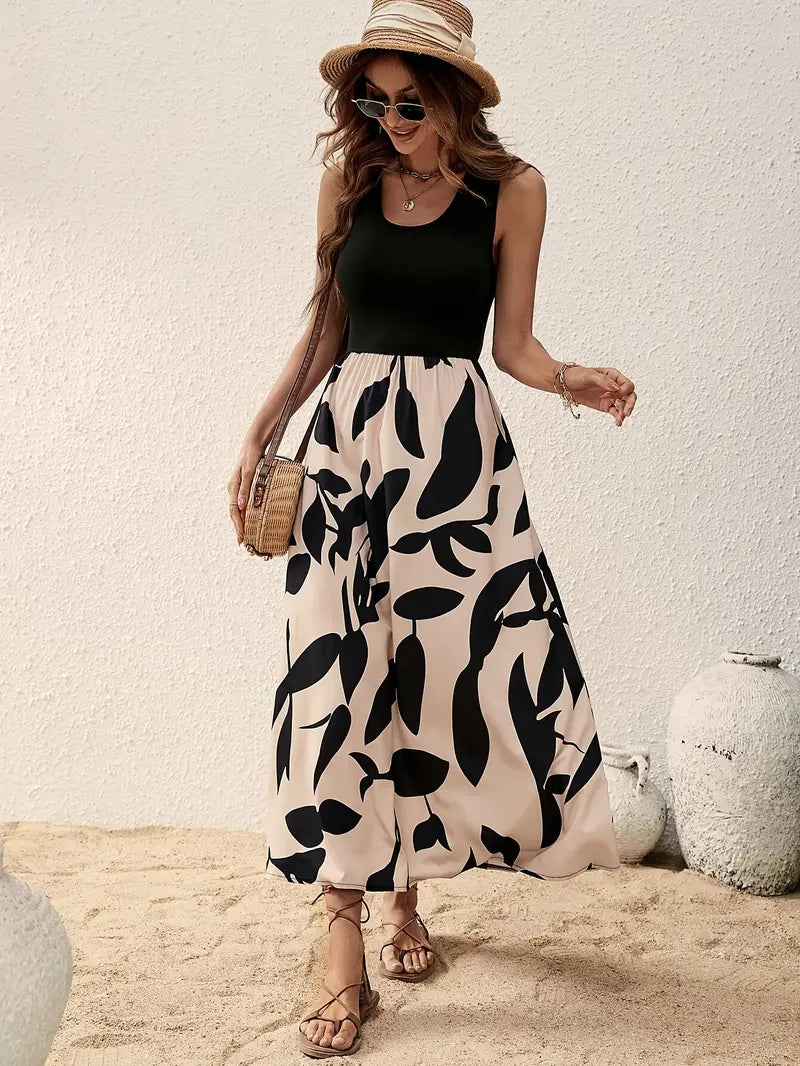 Seaside Whimsy Leaf-Print Midi Dress