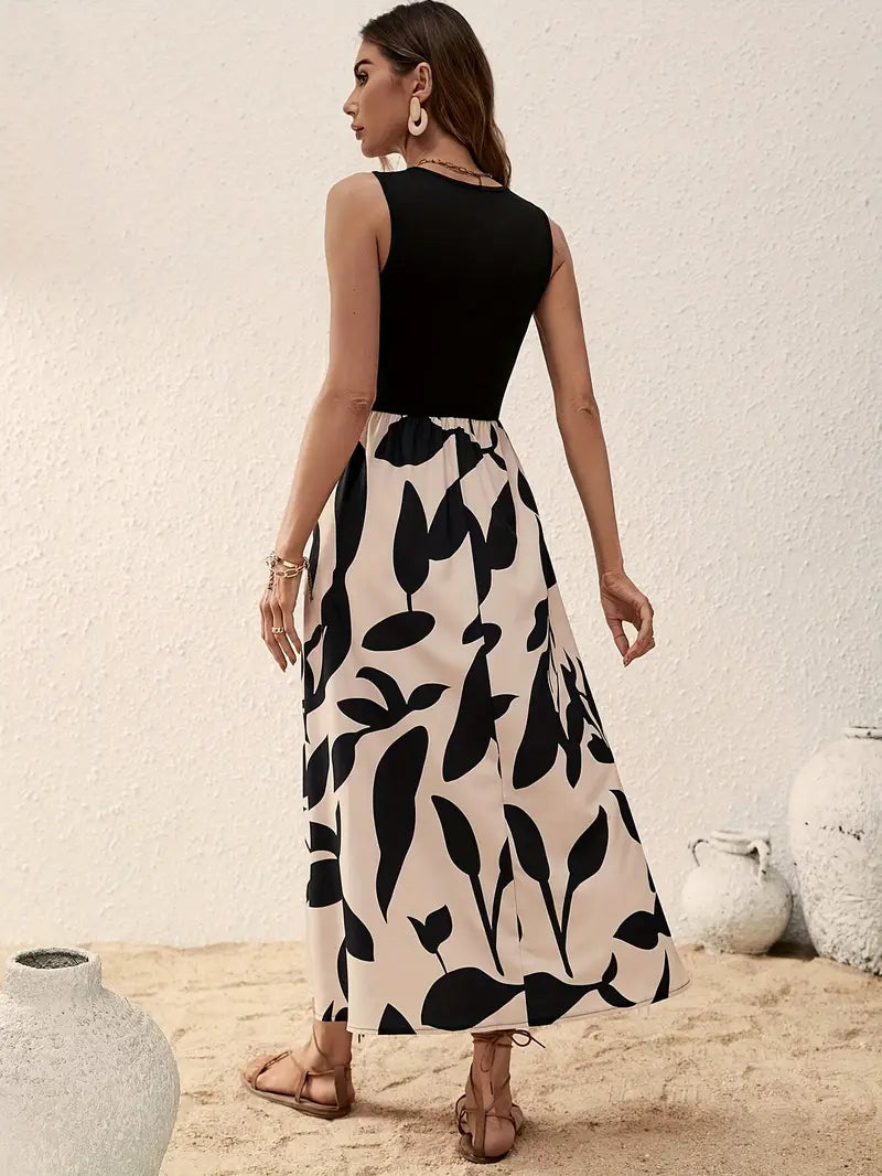 Seaside Whimsy Leaf-Print Midi Dress