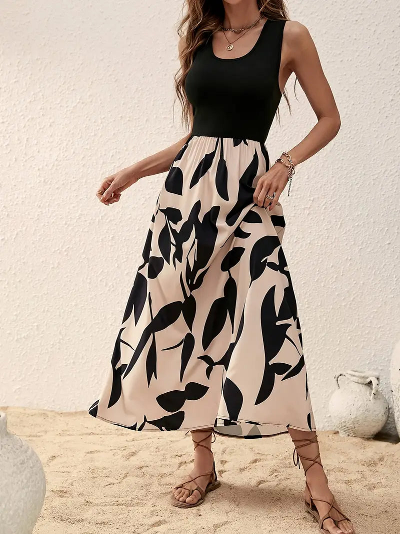 Seaside Whimsy Leaf-Print Midi Dress