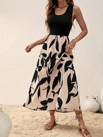 Seaside Whimsy Leaf-Print Midi Dress