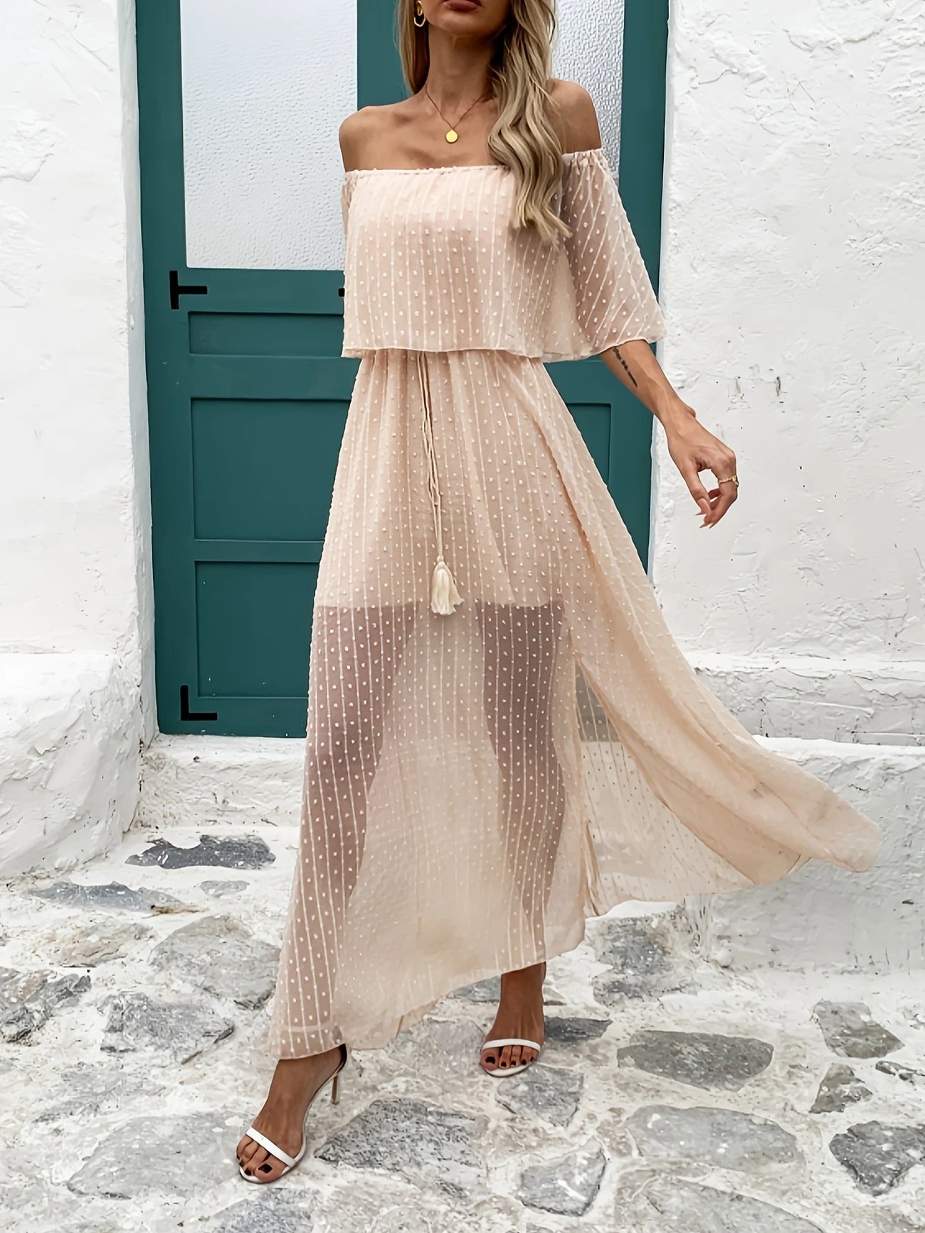 Seaside Whisper Off-Shoulder Maxi Dress