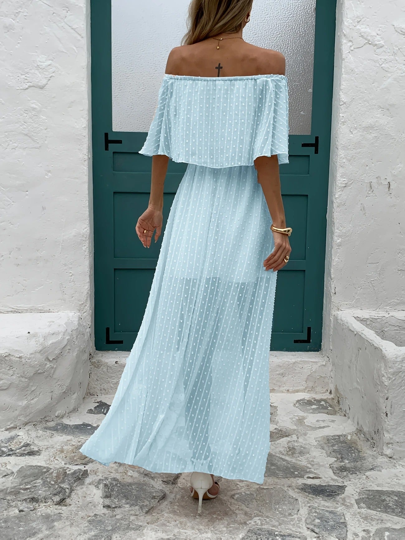 Seaside Whisper Off-Shoulder Maxi Dress