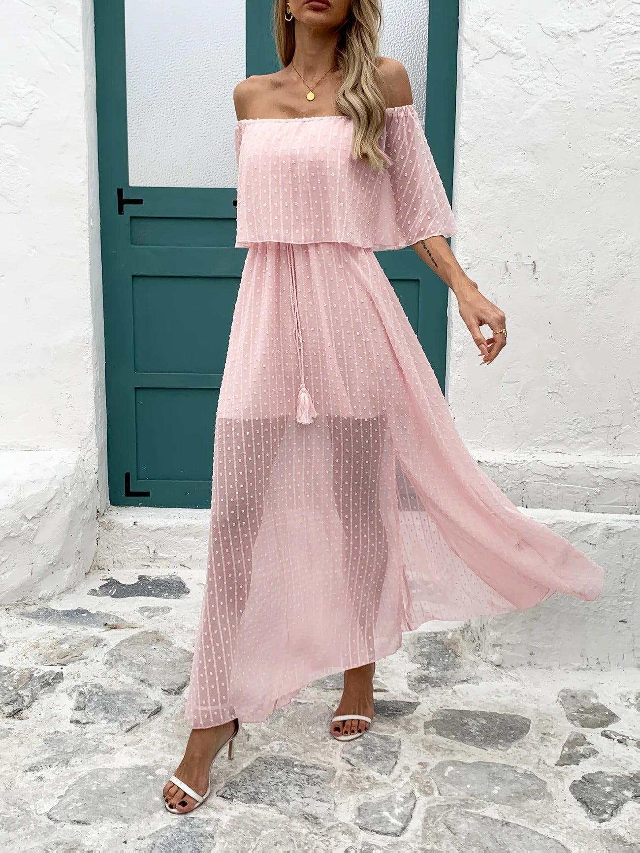 Seaside Whisper Off-Shoulder Maxi Dress