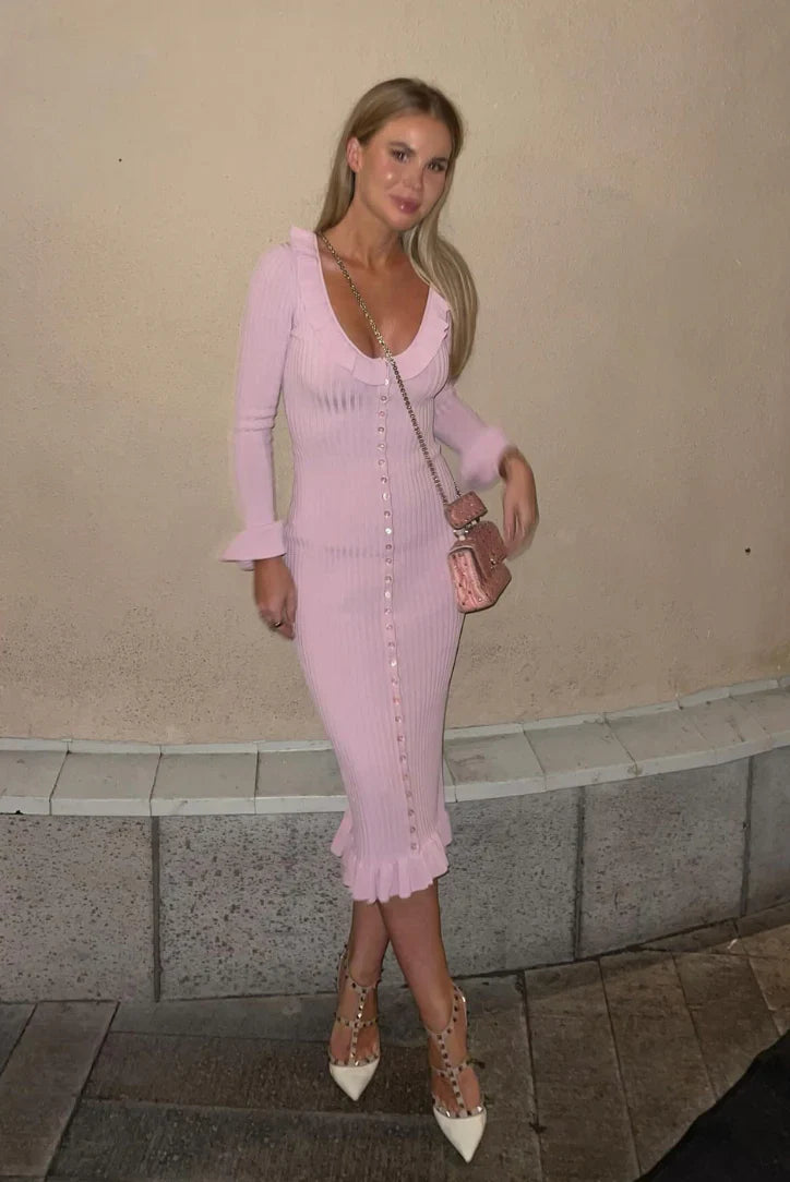 Soft Allure Ruffle Button Midi Dress