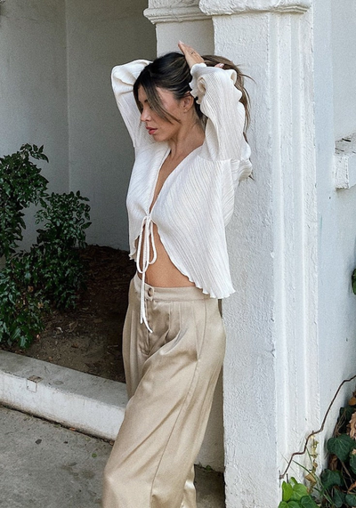 Soft Muse Crinkled Front-Tie Blouse