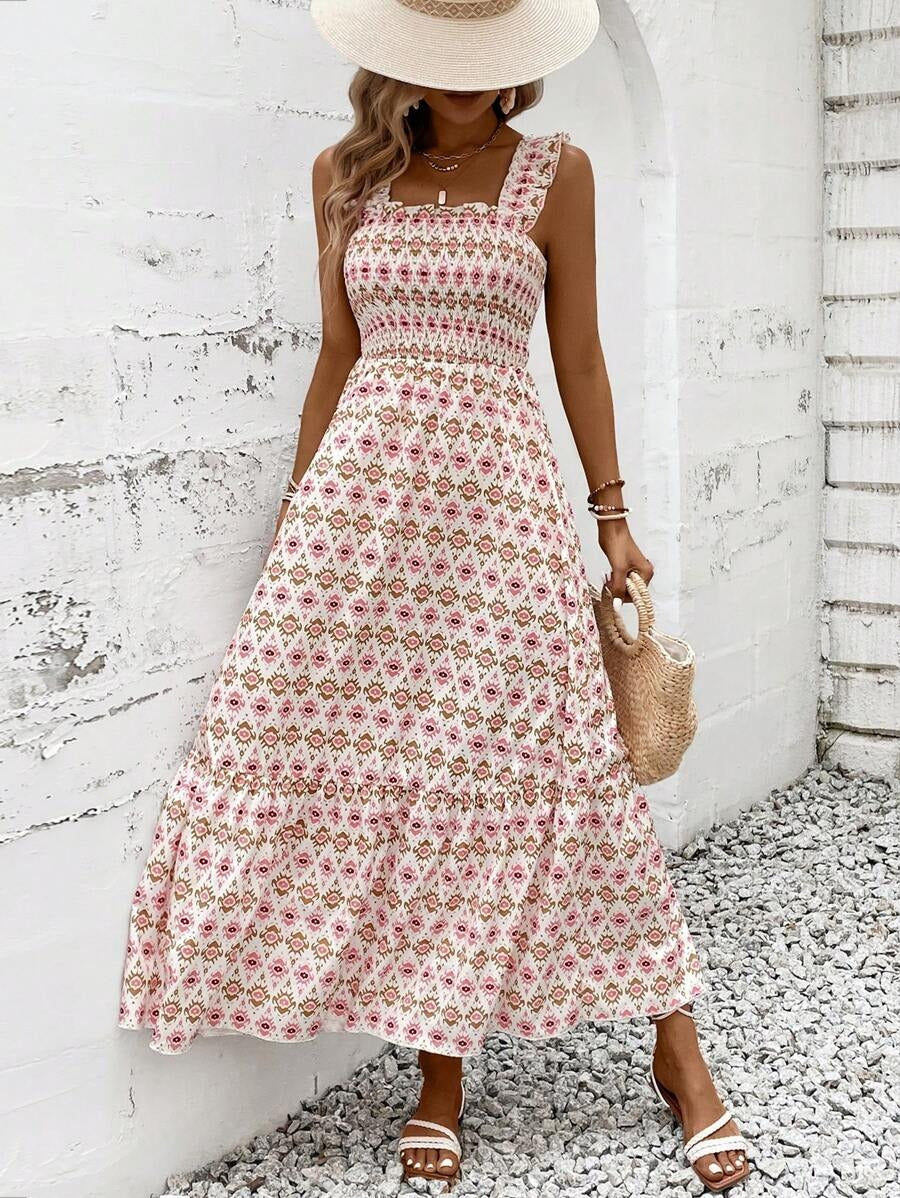 Sunlit Bloom Smocked-Strap Maxi Dress