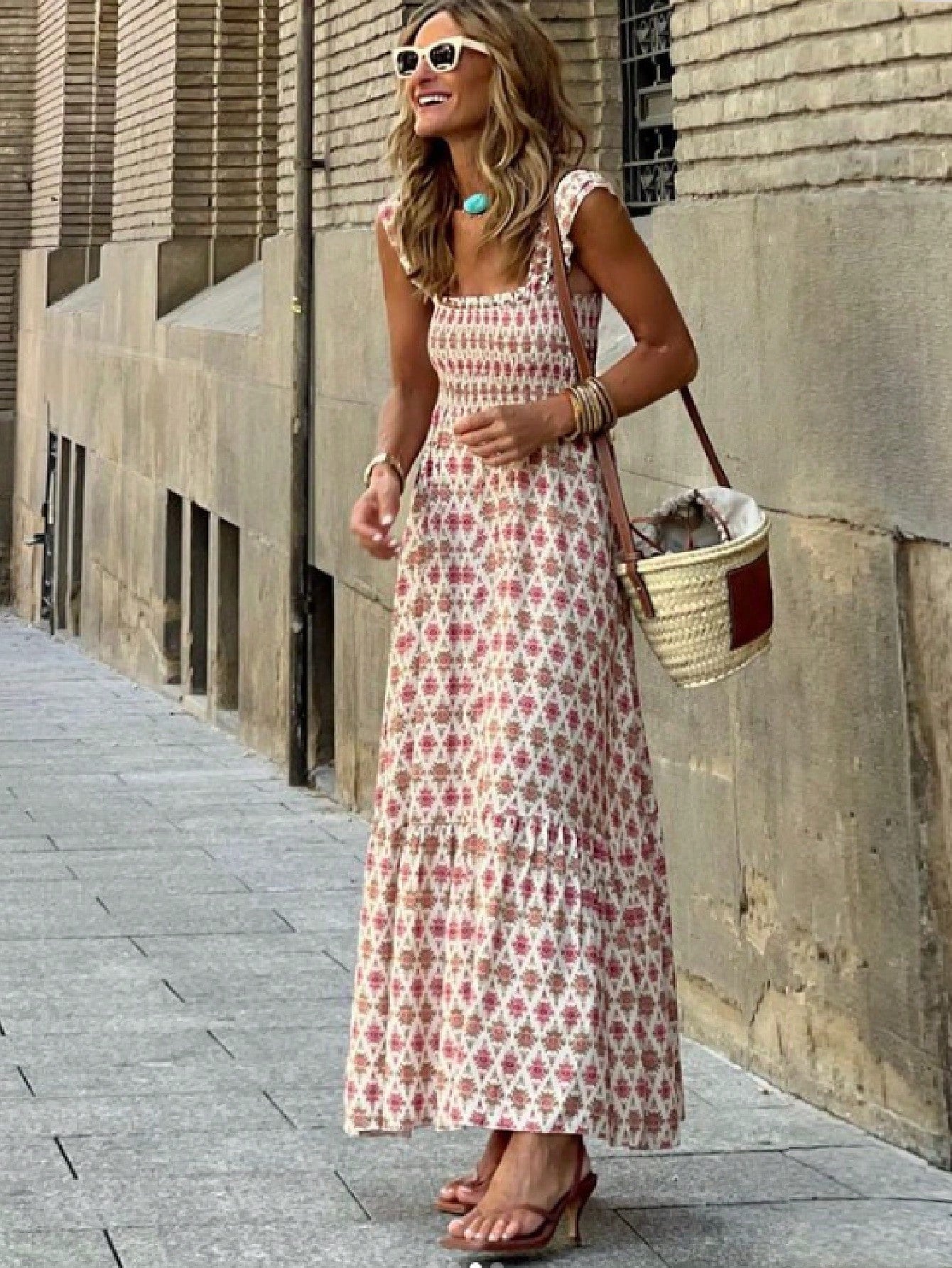 Sunlit Bloom Smocked-Strap Maxi Dress