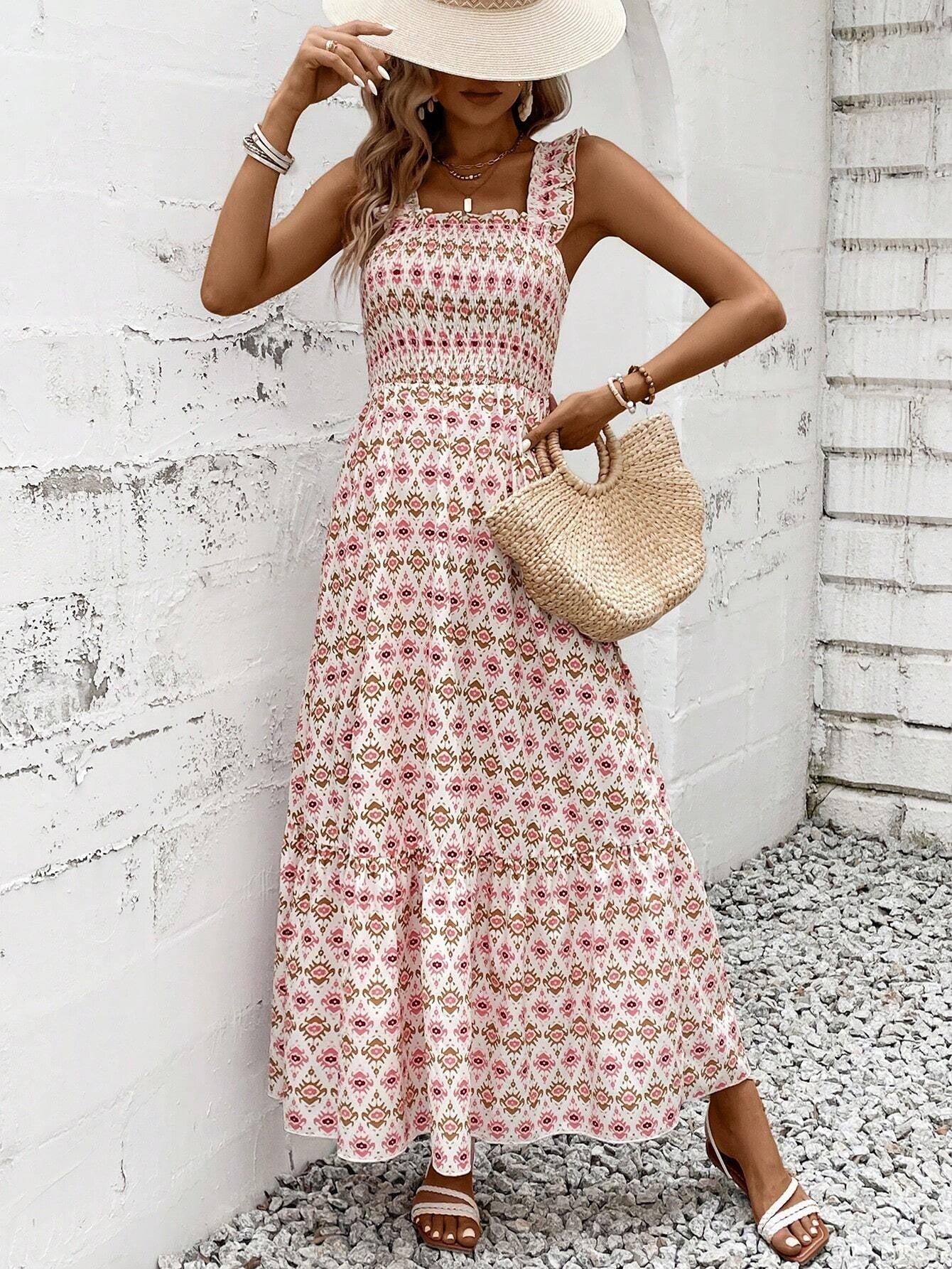 Sunlit Bloom Smocked-Strap Maxi Dress