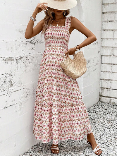 Sunlit Bloom Smocked-Strap Maxi Dress