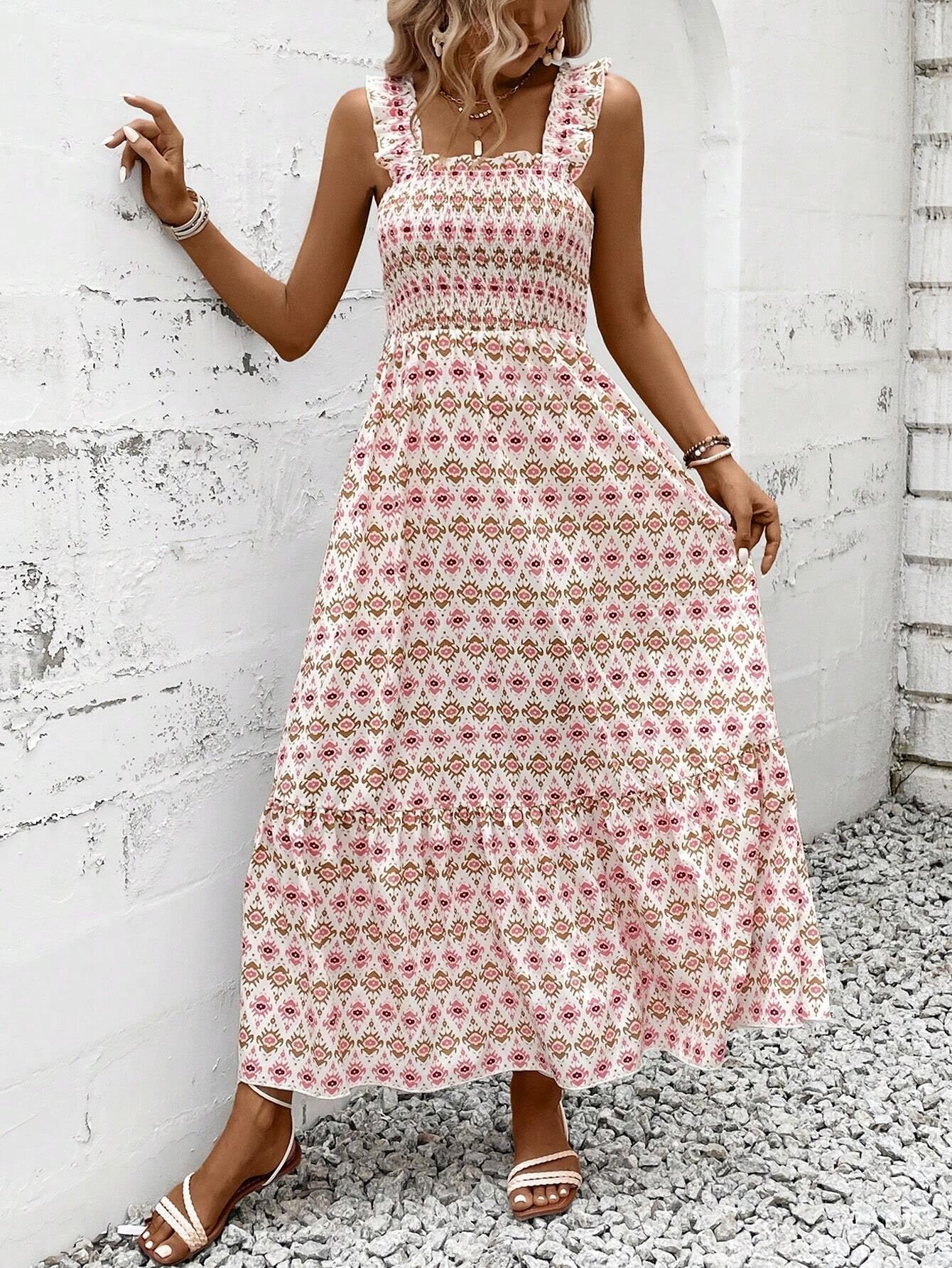 Sunlit Bloom Smocked-Strap Maxi Dress