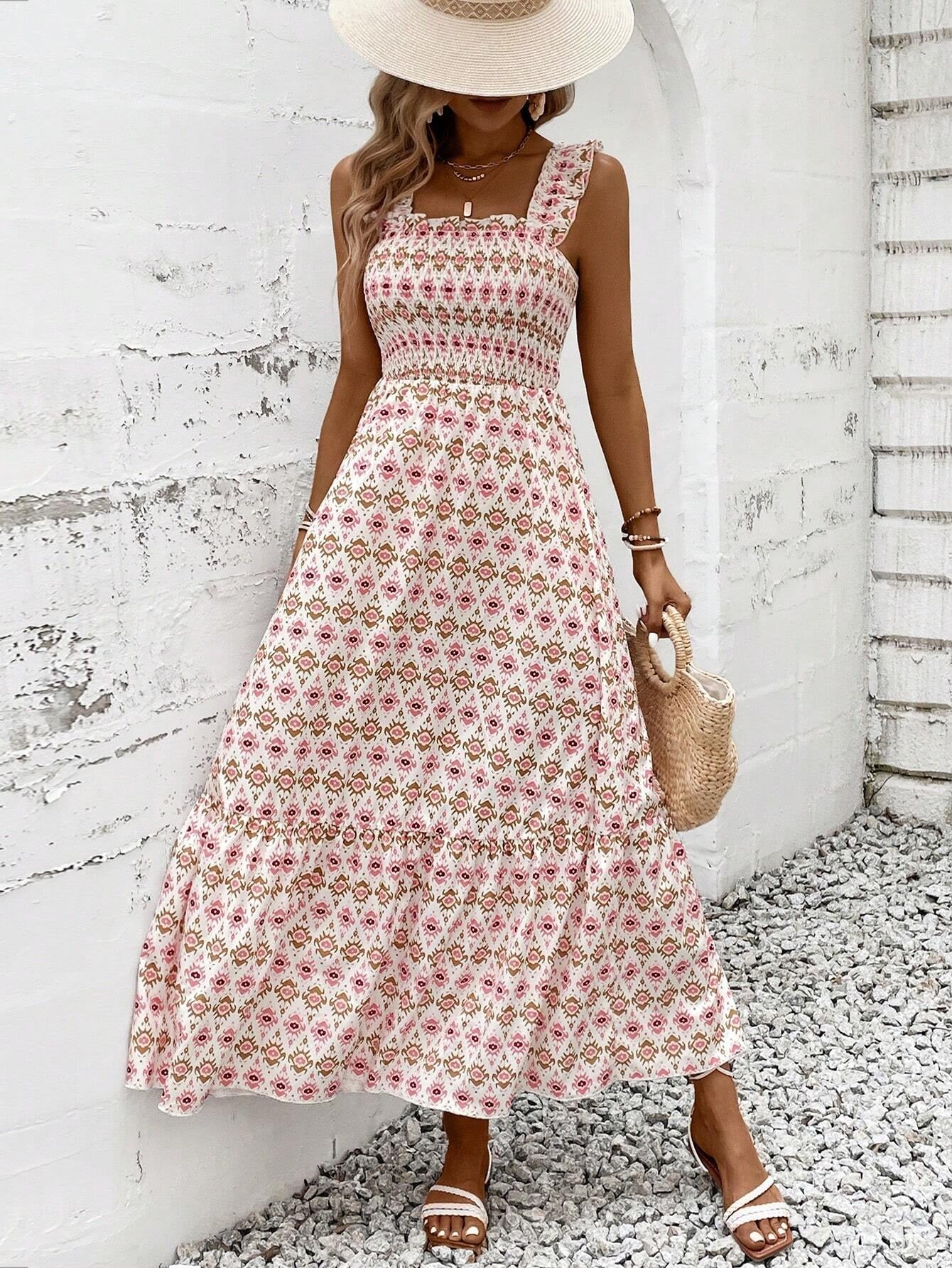 Sunlit Bloom Smocked-Strap Maxi Dress