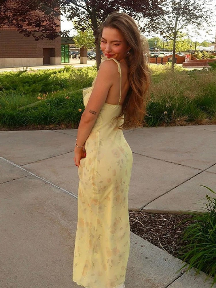 Sunlit Elegance Ruffle Mesh Maxi Dress