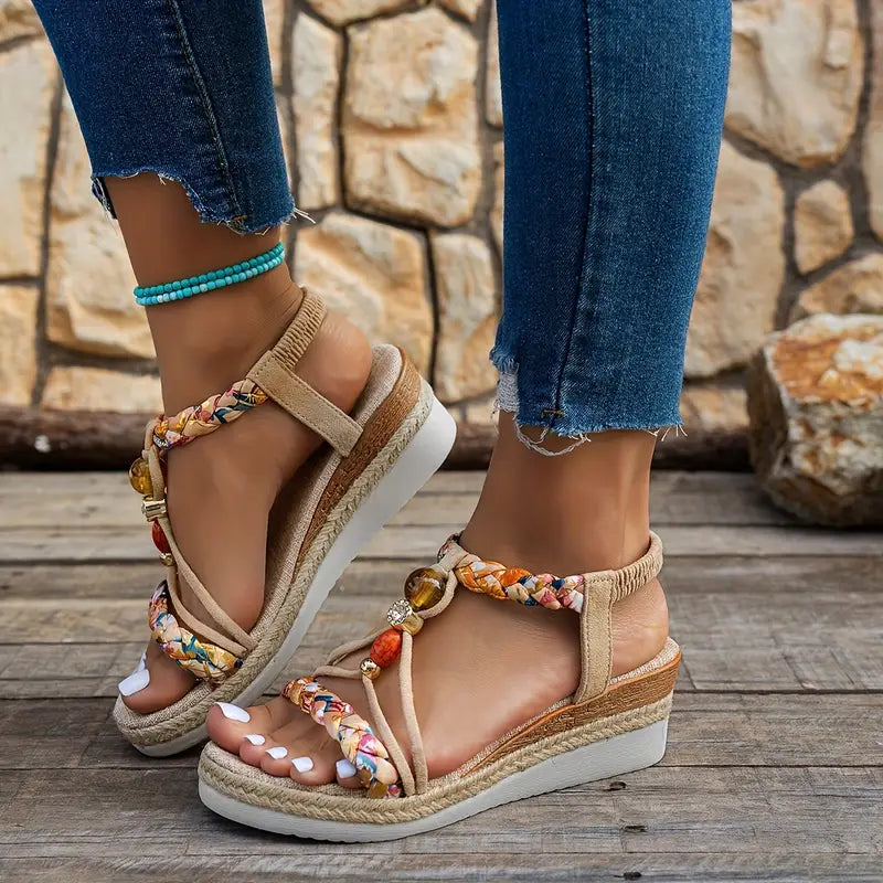 Sunlit Retreat Beaded Wedge Sandals
