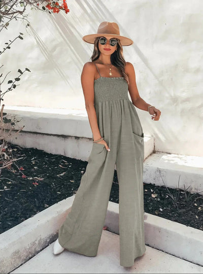 Sunlit Escape Smocked Wide-Leg Jumpsuit