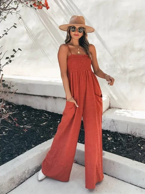Sunlit Escape Smocked Wide-Leg Jumpsuit