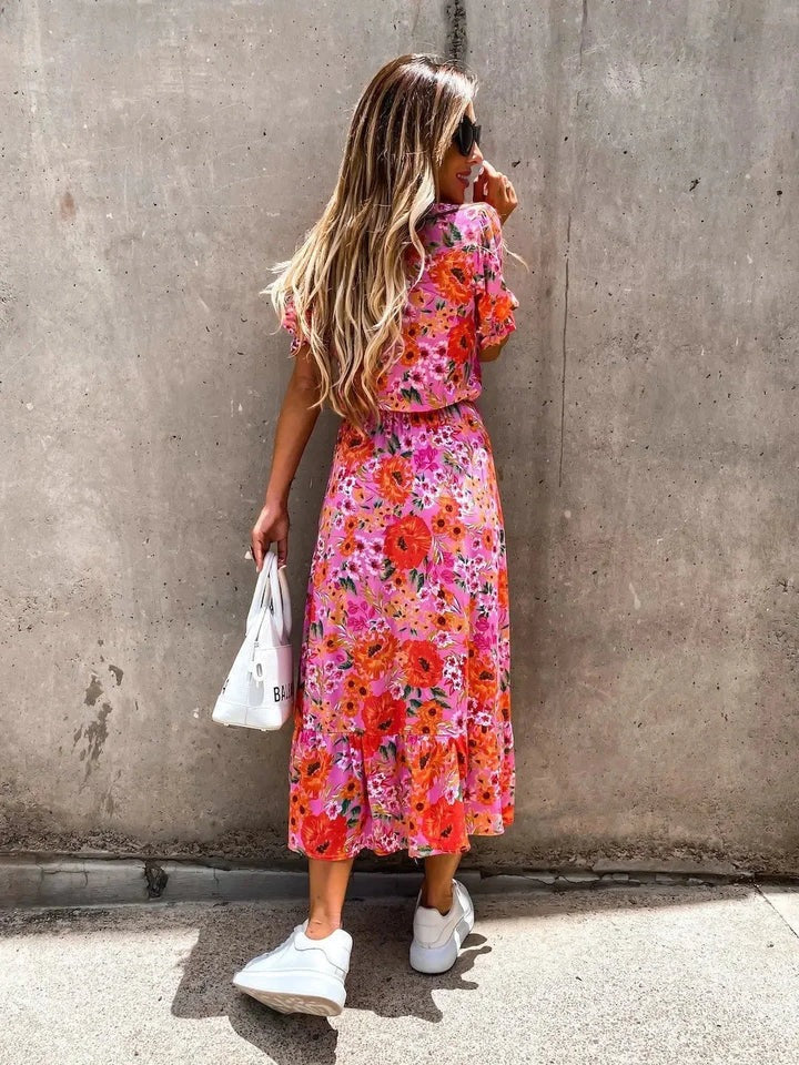 Sunset Bloom Button-Front Midi Dress