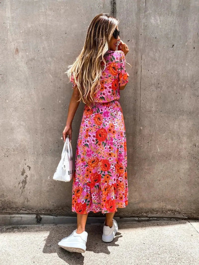 Sunset Bloom Button-Front Midi Dress