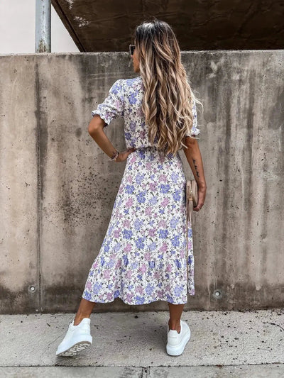 Sunset Bloom Button-Front Midi Dress