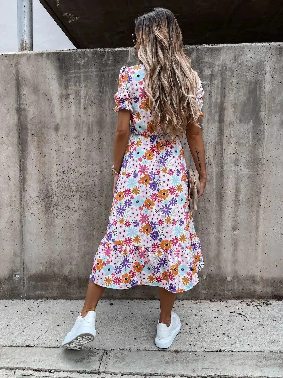 Sunset Bloom Button-Front Midi Dress