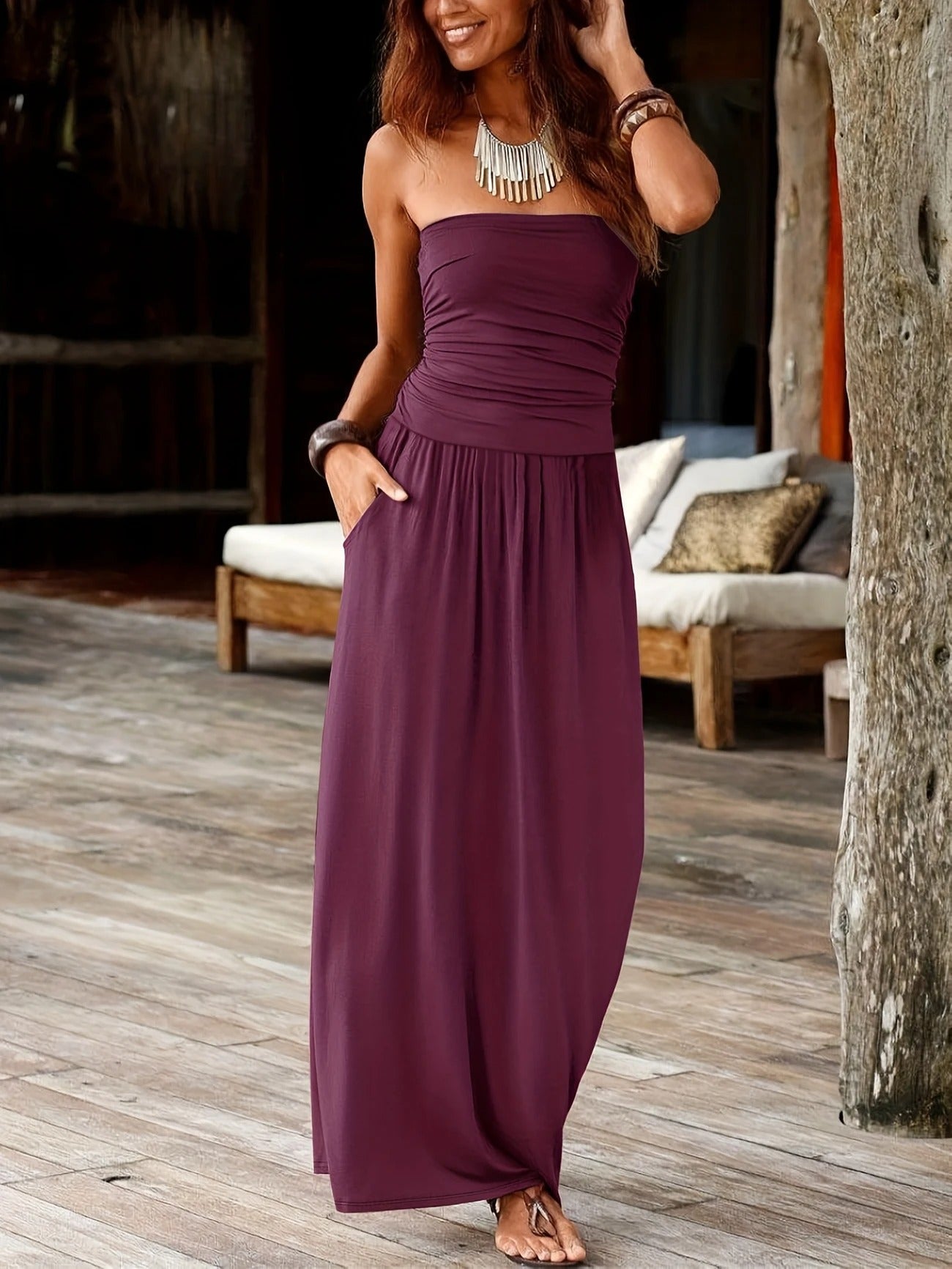 Sunset Strapless Pocketed Maxi Dress