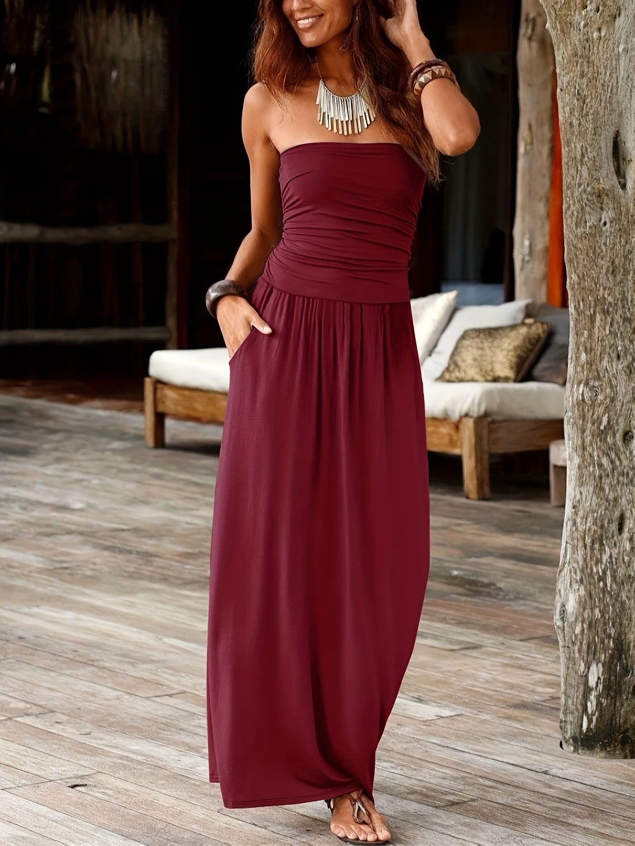 Sunset Strapless Pocketed Maxi Dress