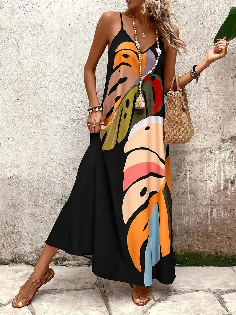 Tropical Reverie Leaf-Print Maxi Dress