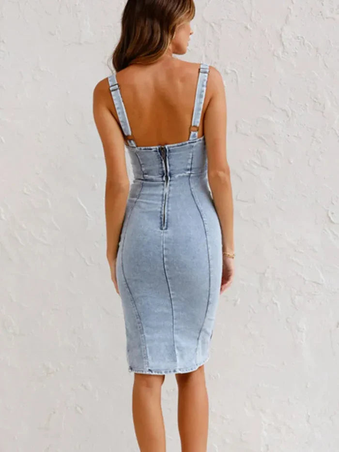 Urban Denim Zip-Front Midi Dress