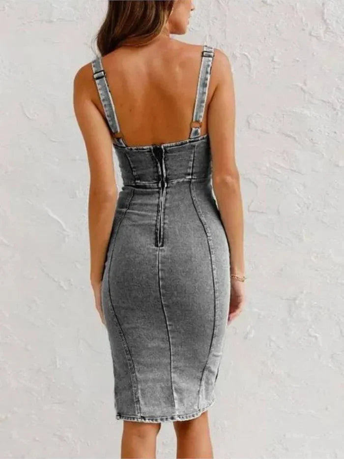 Urban Denim Zip-Front Midi Dress