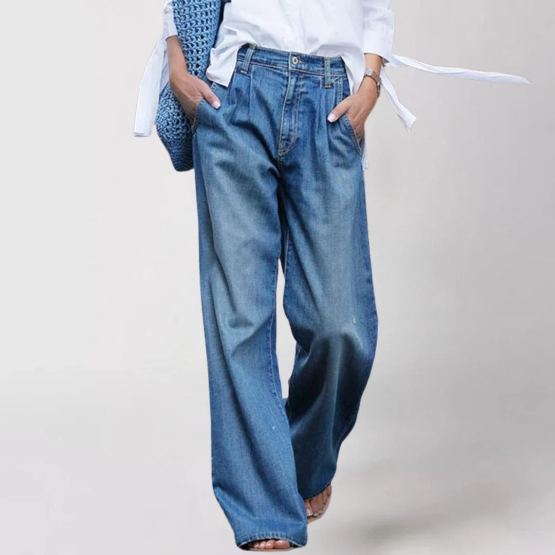 Urban Ease Pleated Wide-Leg Jeans