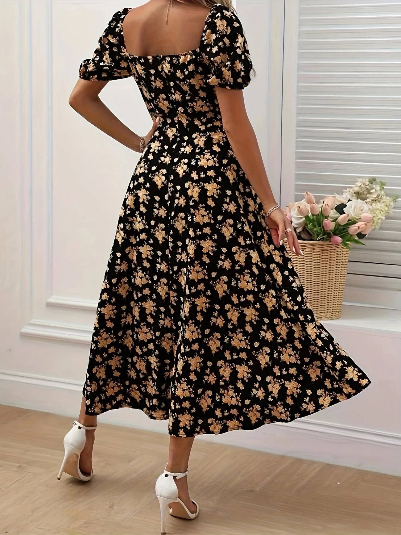 Whimsical Bloom Sweetheart Slit Midi Dress