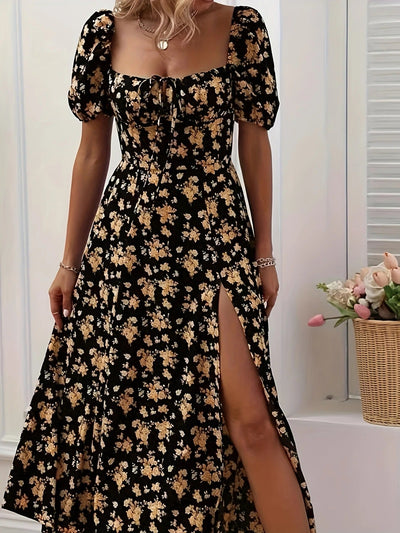 Whimsical Bloom Sweetheart Slit Midi Dress