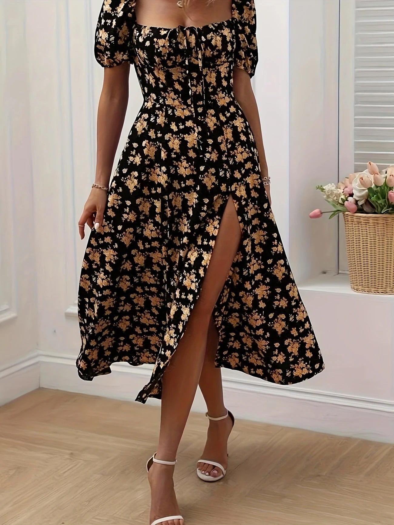 Whimsical Bloom Sweetheart Slit Midi Dress