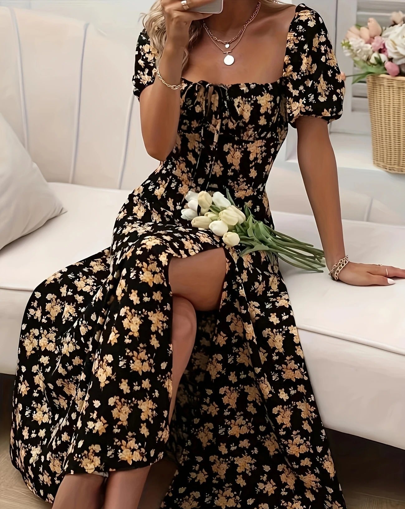 Whimsical Bloom Sweetheart Slit Midi Dress