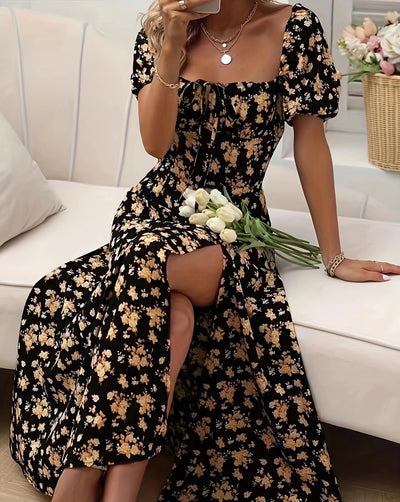 Whimsical Bloom Sweetheart Slit Midi Dress
