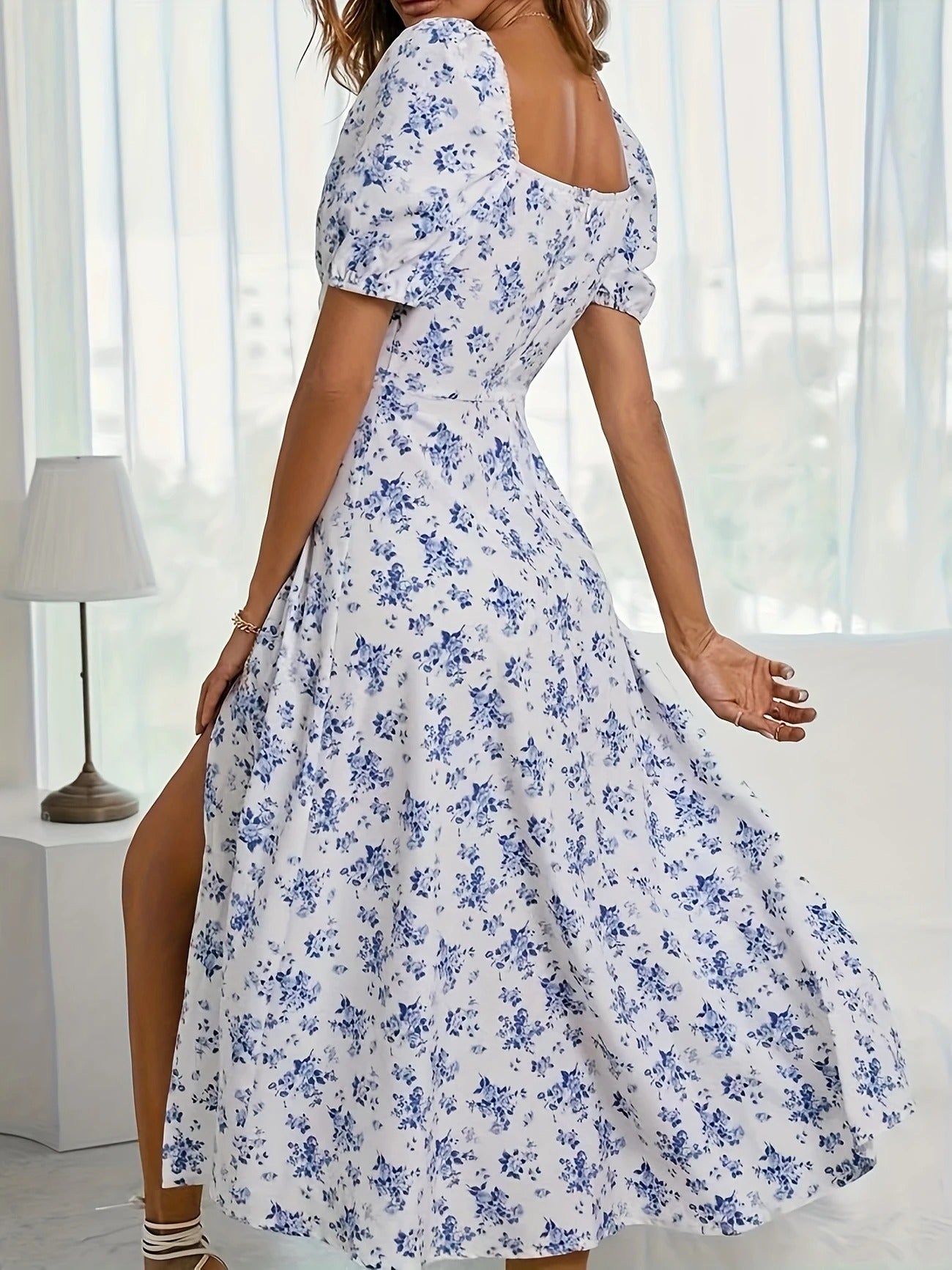 Whimsical Bloom Sweetheart Slit Midi Dress