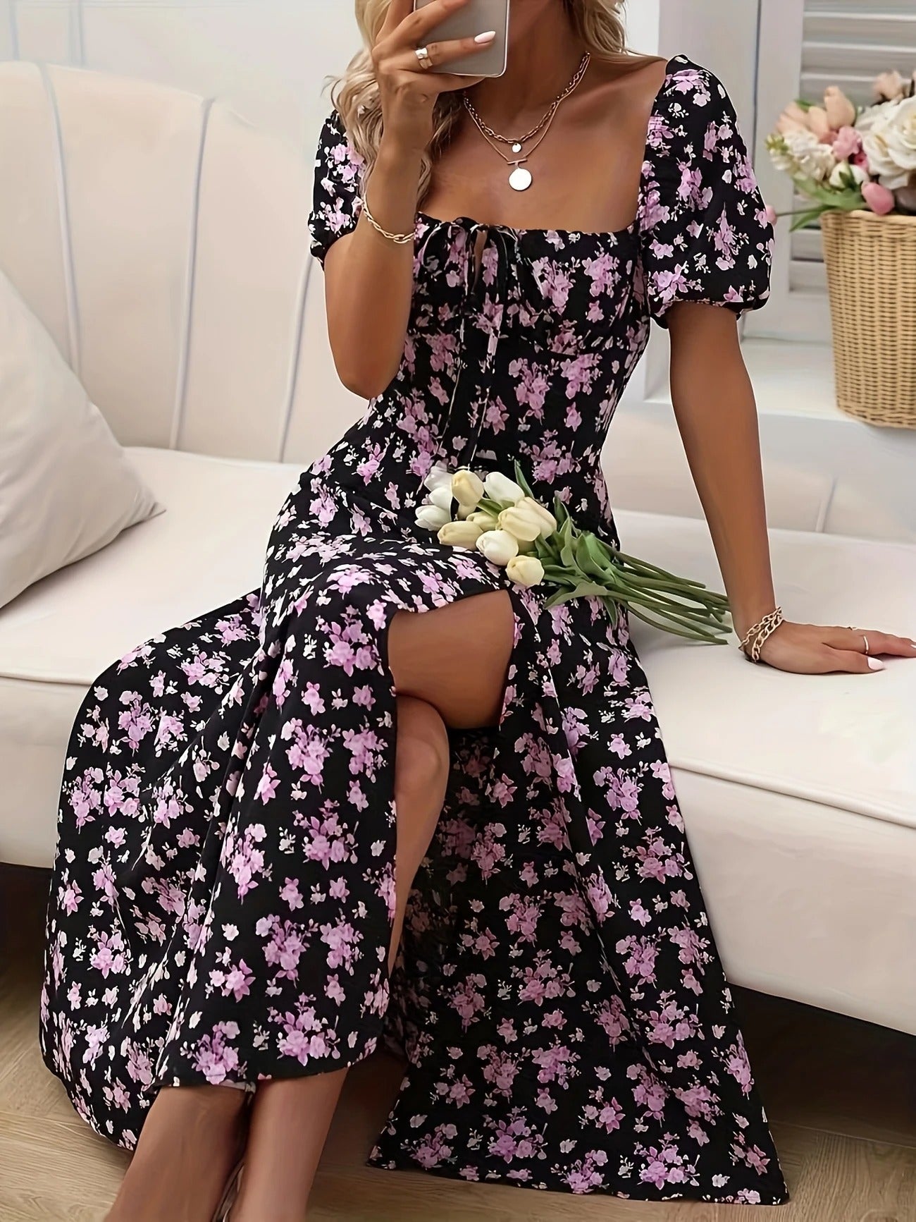 Whimsical Bloom Sweetheart Slit Midi Dress