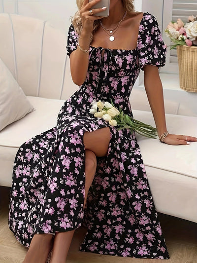 Whimsical Bloom Sweetheart Slit Midi Dress