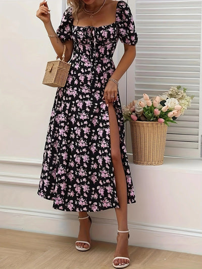 Whimsical Bloom Sweetheart Slit Midi Dress