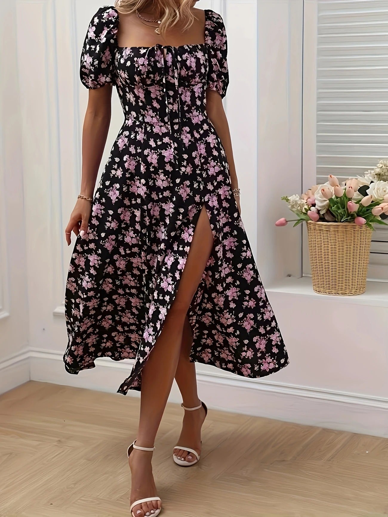 Whimsical Bloom Sweetheart Slit Midi Dress