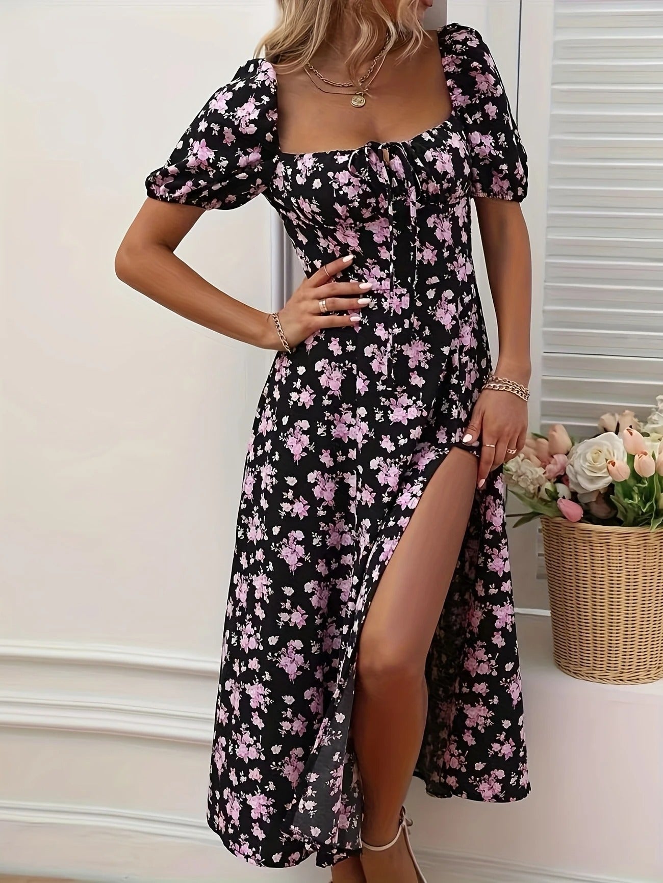 Whimsical Bloom Sweetheart Slit Midi Dress