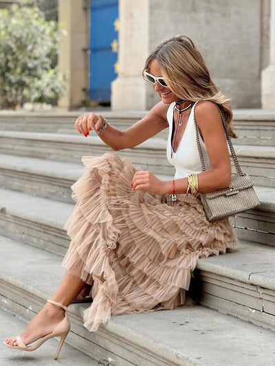 Golden Whimsy Ruffle Maxi Skirt