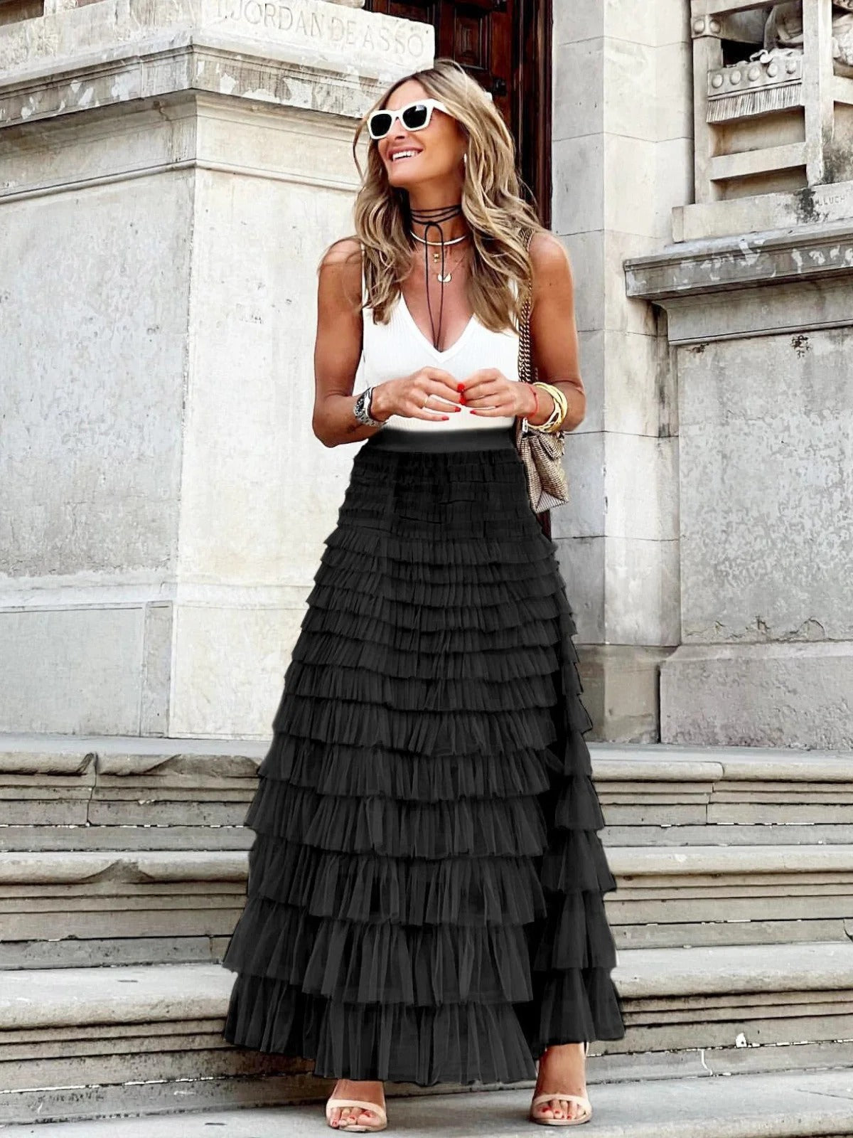 Golden Whimsy Ruffle Maxi Skirt
