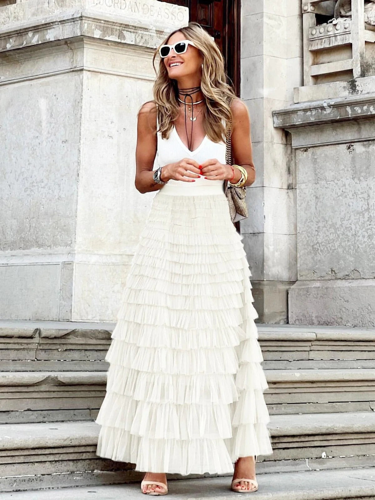 Golden Whimsy Ruffle Maxi Skirt