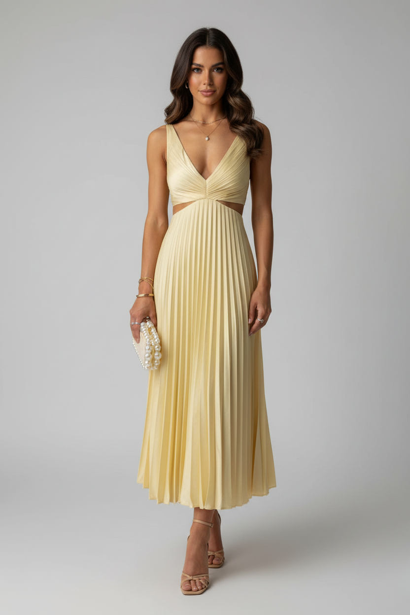 Elegant Pleated Wedding Guest Midi Dress