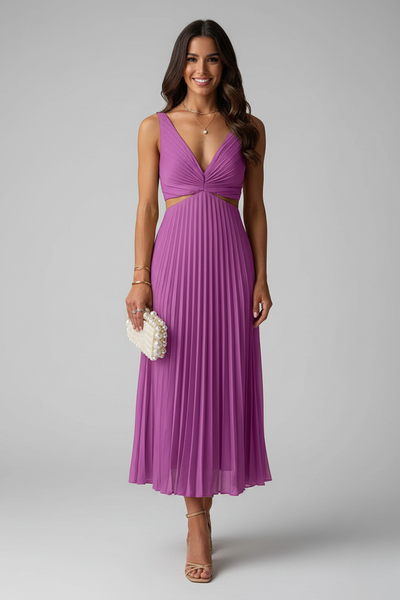 Elegant Pleated Wedding Guest Midi Dress