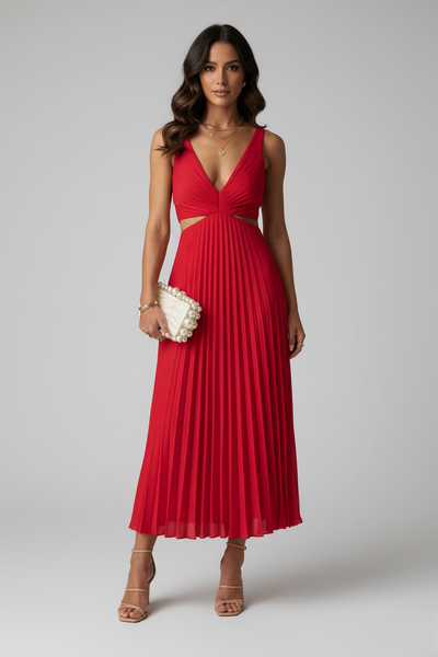 Elegant Pleated Wedding Guest Midi Dress